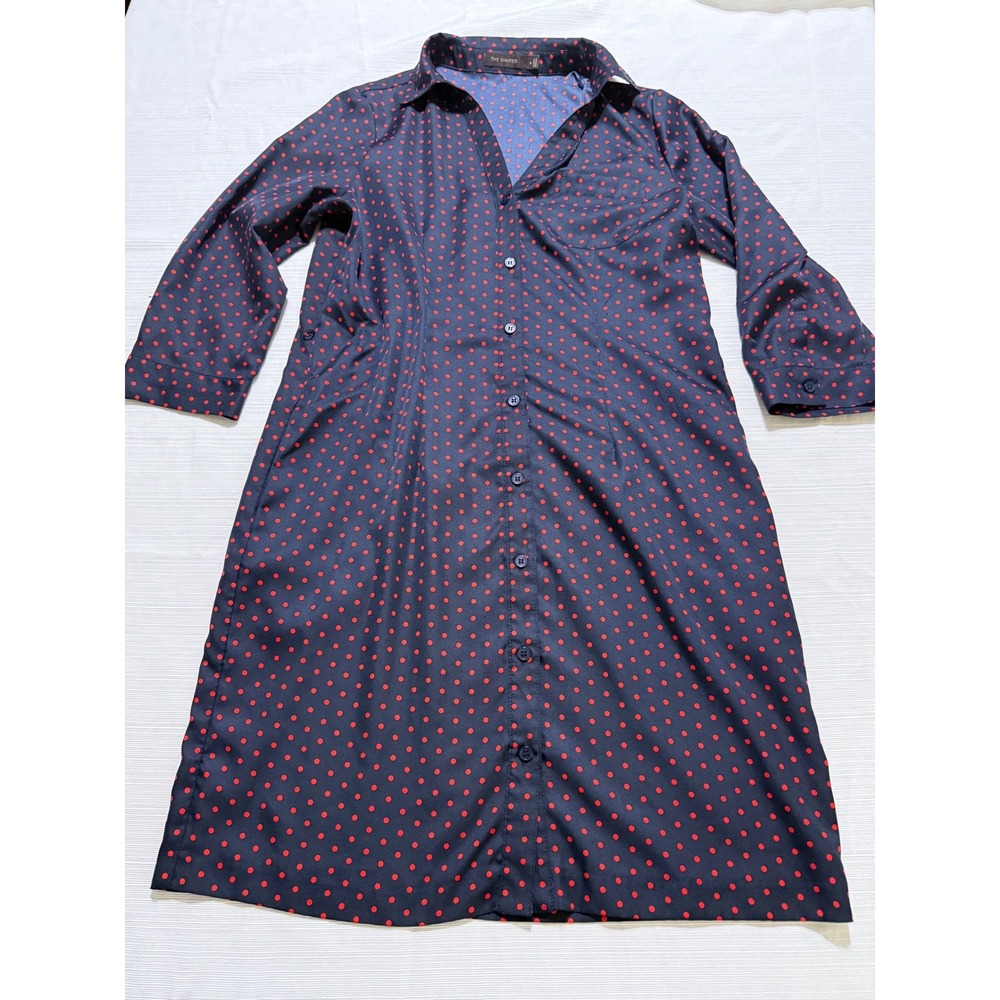 The Limited Navy Blue Red Polka Dot Button Front Shirt Dress Medium 3/4 Sleeve